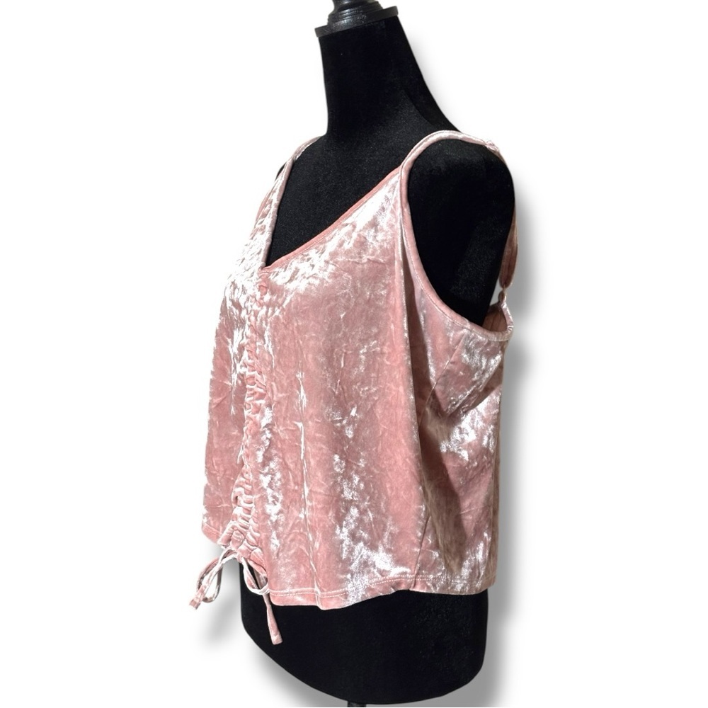Hippie Rose Baby Pink Velour Ruched Drawstring Thin Straps Cropped Camisole Top - Picture 5 of 16